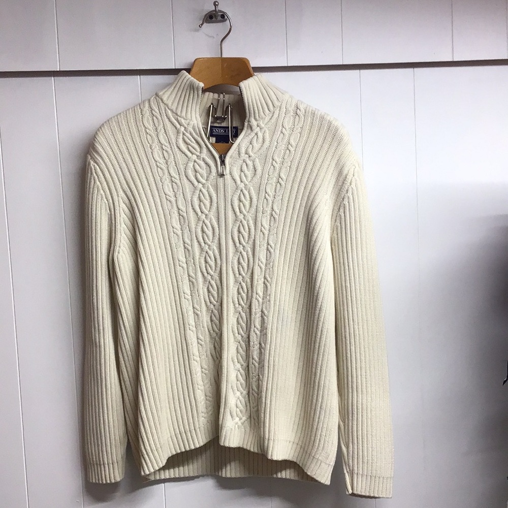 Lands End Cream Cable-Knit Zip heavy Cotton Sweater